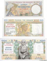 50, 100 et 1000 Drachmes Lot GREECE  1935 P.104 à 106 UNC