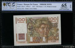 100 Francs JEUNE PAYSAN filigrane inversé FRANCE  1953 F.28bis.03 NEUF