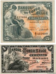 1 et 5 Francs Lot CONGO BELGE  1914 P.03Ba et P.13Bb TTB