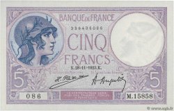 5 Francs FEMME CASQUÉE FRANCE  1923 F.03.07 UNC-