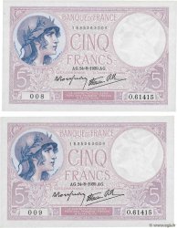 5 Francs FEMME CASQUÉE modifié Consécutifs FRANCE  1939 F.04.07 UNC-