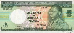 5 Zaïres - 500 Makuta REPUBBLICA DEMOCRATICA DEL CONGO  1967 P.013a AU
