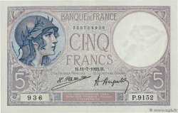 5 Francs FEMME CASQUÉE FRANCE  1922 F.03.06 VF