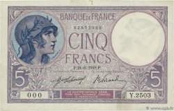 5 Francs FEMME CASQUÉE Numéro spécial FRANCE  1918 F.03.02 pr.SUP