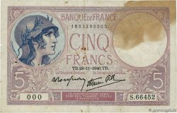 5 Francs FEMME CASQUÉE modifié Numéro spécial FRANCE  1940 F.04.15 TB