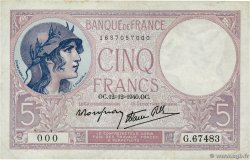 5 Francs FEMME CASQUÉE modifié Numéro spécial FRANCE  1940 F.04.17 TTB