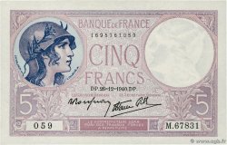 5 Francs FEMME CASQUÉE modifié FRANCE  1940 F.04.18 NEUF