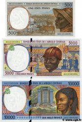 500, 5000 et 10000 Francs Lot CENTRAL AFRICAN STATES  2000 P.101Cg, P.104Cf et P.105Cf UNC-