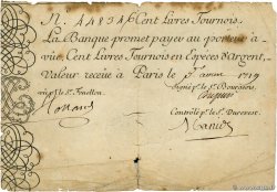 100 Livres Tournois gravé Grand numéro FRANKREICH  1719 Dor.07 S