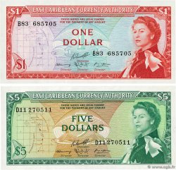 1 et 5 Dollars Lot EAST CARIBBEAN STATES  1965 P.13f et P.14h FDC