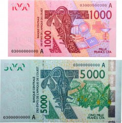 1000 et 5000 Francs Spécimen WEST AFRICAN STATES  2003 P.115As et P.117As AU+