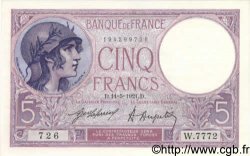 5 Francs FEMME CASQUÉE FRANCIA  1921 F.03.05 AU+