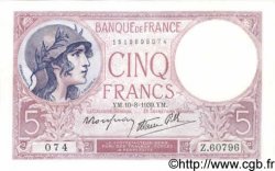 5 Francs FEMME CASQUÉE modifié FRANCE  1939 F.04.05 UNC-