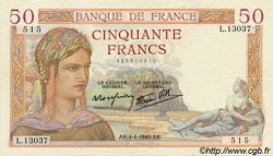 50 Francs CÉRÈS modifié FRANCE  1940 F.18.42 XF