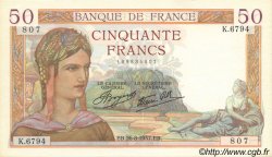 50 Francs CÉRÈS modifié FRANCE  1937 F.18.02 AU
