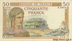 50 Francs CÉRÈS modifié FRANKREICH  1940 F.18.38 fVZ