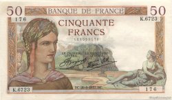 50 Francs CÉRÈS modifié FRANKREICH  1937 F.18.02 VZ+