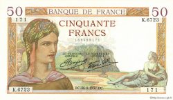50 Francs CÉRÈS modifié FRANCIA  1937 F.18.02 SC+