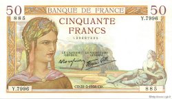 50 Francs CÉRÈS modifié FRANCIA  1938 F.18.11 q.FDC