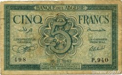 5 Francs ALGERIA  1942 P.091 MB