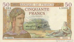 50 Francs CÉRÈS modifié FRANCIA  1939 F.18.25 SPL+