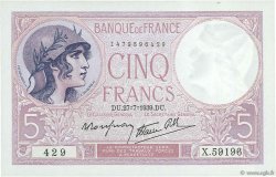 5 Francs FEMME CASQUÉE modifié FRANCE  1939 F.04.03 UNC