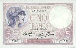 5 Francs FEMME CASQUÉE modifié FRANCE  1940 F.04.17 UNC-