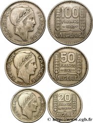 ARGELIA Lot de trois monnaies 20, 50 et 100 Francs Turin 1949-1950 