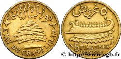 III REPUBLIC - LEBANON 5 Piastres État du Grand Liban Cèdre / trirème 1925 Paris XF 