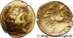 AULERQUES CÉNOMANS (Région du Mans) Statère d or au cheval androcéphale et au personnage allongé, tenant deux objets ovoïdes TTB+/TB+