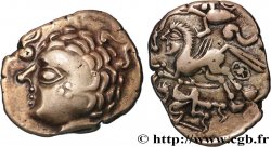 GALLIA - AULERCI CENOMANI (Area of Le Mans) Statère d or au cheval androcéphale et au personnage allongé, aux deux armes  AU/AU