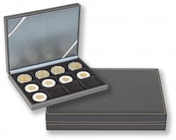 Écrin NERA XM avec 12 alvéoles carrés pour monnaies ou capsules jusqu‘à Ø 52 mm LINDNER