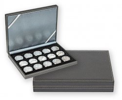 Écrin NERA XM avec 15 alvéoles carrés pour monnaies ou capsules jusqu‘à Ø 40 mm LINDNER
