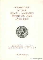 Numismatique antique, sceaux, manuscrits, reliures aux armes, livres rares CASTAING M., LEGUETELTEL R., ROUDILLON J., VINCHON J.