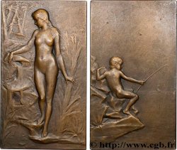 III REPUBLIC Plaquette, Femme à la source et enfant pêcheur