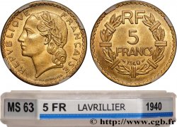 5 francs Lavrillier, bronze-aluminium 1940  F.337/4 MS63 GENI