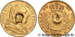 20 francs or Louis XVIII, buste habillé, contremarqué de la tête de Napoléon Bonaparte 1814 Paris F.517/2