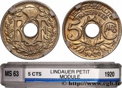 5 centimes Lindauer, petit module 1920  F.122/2 MS63 GENI