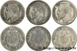Lot de trois pièces de 1 franc Napoléon III, tête laurée 1866 - F.215/-