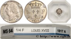 1/4 franc Louis XVIII  1817 Paris F.163/1 SPL64 GENI