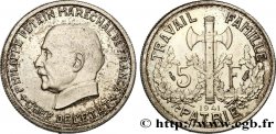 Épreuve sans le mot ESSAI de 5 francs Pétain en aluminium, 1er projet de Bazor 1941 Paris GEM. 142 9 var.