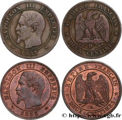 Lot de 2 pièces de Deux centimes Napoléon III, tête nue, grand et petit D 1853 Lyon F.107/4