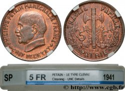 Épreuve de 5 francs Pétain en cuivre, 1er projet de Bazor, frappe médaille 1941 Paris GEM. 142 20 var.