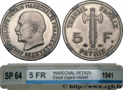 Essai de 5 francs Pétain en cupro-nickel, 3e projet de Bazor 1941 Paris GEM.142 63