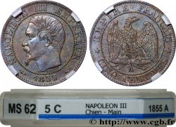 Cinq centimes Napoléon III, tête nue 1855 Paris F.116/16