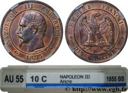 Dix centimes Napoléon III, tête nue, différent ancre 1855 Strasbourg F.133/23