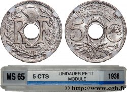 5 centimes Lindauer, petit module 1938 Paris F.122/21 MS65 GENI