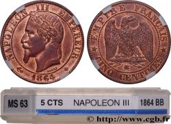 Cinq centimes Napoléon III, tête laurée 1864 Strasbourg F.117/14