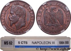 Cinq centimes Napoléon III, tête laurée 1864 Strasbourg F.117/14