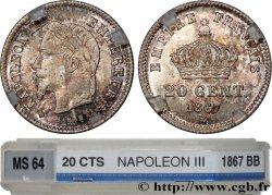 20 centimes Napoléon III, tête laurée, grand module 1867 Strasbourg F.150/2